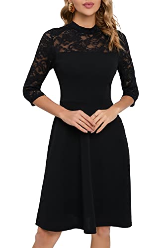HOMEYEE Damen Elegant Spitze 3/4 Ärmel Rockabilly Kleid Retro Knielang Cocktailkleid für Hochzeit A368 (L, Schwarz)