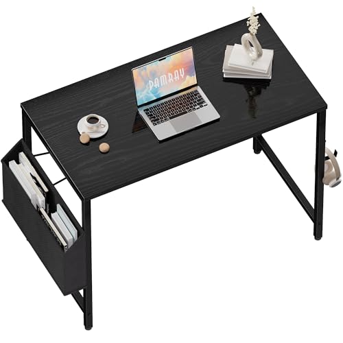 PAMRAY 80x40cm Schreibtisch Computertisch für kleine Räume mit Aufbewahrungstasche, Home Office Arbeitstisch mit Kopfhörerhaken, Kleiner Bürotisch Studie pc Tisch