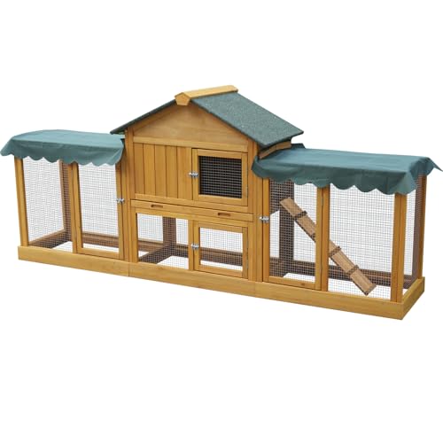 Großer Kaninchenstall mit Auslauf, Holz, 218 * 51 * 96cm, Grünes Dach, Wetterfeste Abdeckung, Mehrstufiger Hasenkäfig für Außenbereich