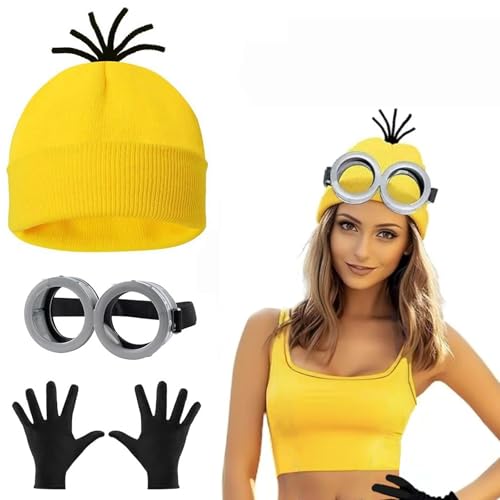 3 Stück Karneval Kostüm Zubehör, Gelb Mütze, Runde Steampunk Brille & Schwarze Handschuhe Set für Männer & Frauen, Gelb Strickmütze für Erwachsene, Halloween, Karneval Kostüm Cosplay Partyzubehör