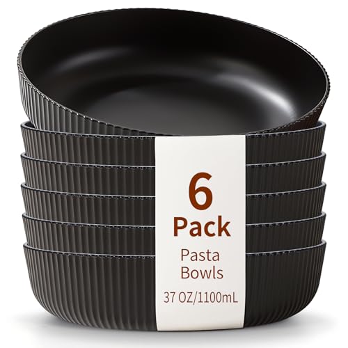 HOMQUEN Pastateller, 6-Teiliges Tiefe Teller Set, 1100 ml Schwarz Suppenteller, Nudelschalen, Suppenschalen, Salatschale Set, Unzerbrechliche Essschalen aus Kunststoff, Spülmaschinenfest (Schwarz)