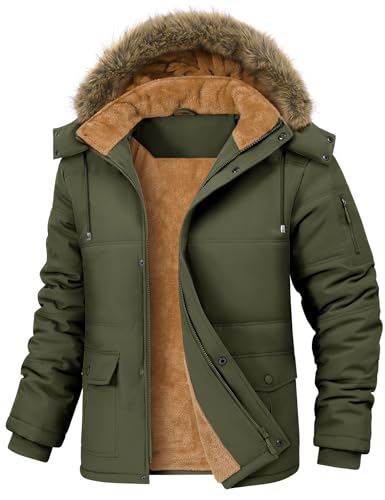 Lonya Winterjacke Herren Parka Winter Mäntel Wasserabweisend Outdoor Jacken Fleecejacke Freizeit Übergangsjacke mit Abnehmbar Kapuze Grün,XXL