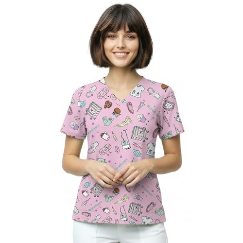 Nurse is Love Kasacks Damen Pflege PINK-Coffee | Kasak für Krankenschwestern & Arzt - Scrubs | Medizinische Berufsbekleidung mit Taschen für Verbandschere & Arzt Zubehör