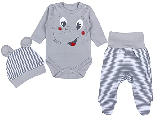 TupTam Baby Mädchen Jungen Bekleidungsset Langarmbody Hose Mütze mit Aufdruck Spruch 3 teilig, Farbe: Elefant Grau, Größe: 56