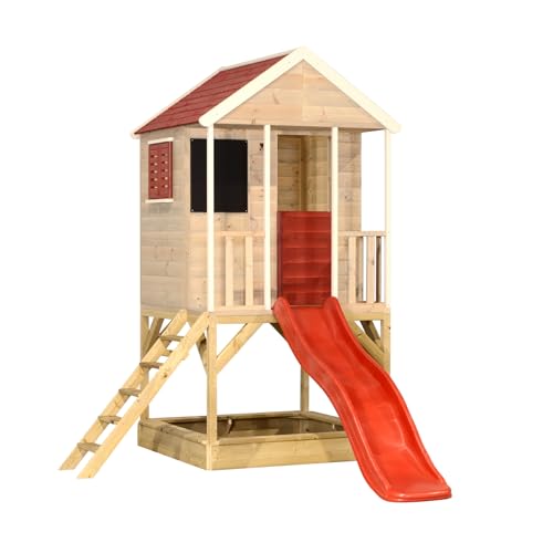 Wendi Toys M7 Spielhaus mit Rutsche, Stelzenhaus aus FSC-Holz für Kinder Garten Outdoor, Podesthöhe 90 cm, 280×197×242 cm, mit 175 cm Rutsche, Leiter, Terrasse, Boden, wetterfest, Rot