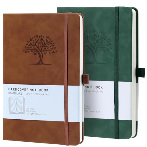 HOMEMARS Notizbuch, Notebook, Notizbuch a5, Journal buch, Reisetagebuch, Liniert a5, Notizblock, Notizbücher a5, 100gsm, 200Pages, 2 Stück, Reisetagebuch, Leder, Prägebaum Design,Braun Grün