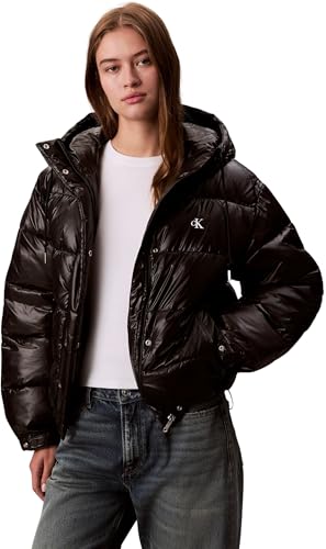 Calvin Klein Damen Pufferjacke Shine mit Kapuze, Schwarz (Black), L