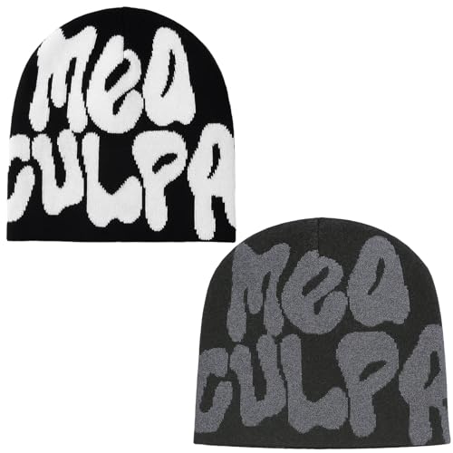 PDirat 2 Mützen Y2K Beanie, Modische MEA Culpa Mütze, Warme Strickmütze Für Outdoor-Aktivitäten Und Streetwear für Outdoor-Aktivitäten, Streetwear Accessoire, Schwarz und Grau