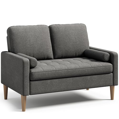 Blishom Sofa 2 Sitzer, Couch 2 Sitzer, Kleines Couch mit 2 Wurfkissen, Mini Sofa mit Armlehne, für Wohnzimmer, Schlafzimmer, Wohnung, Büro, 121 x 77 x 87cm, Dunkelgrau