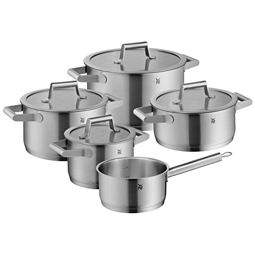 WMF Comfort Line Topfset Induktion 5-teilig, Kochtopf Set mit Glasdeckel, Cromargan Edelstahl mattiert, Skalierung, Induktions Töpfe Set stapelbar, unbeschichtet