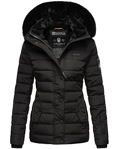Navahoo Damen warme Winter Steppjacke mit Abnehmbarer Kunstfell-Kapuze Milianaa Black Gr. S