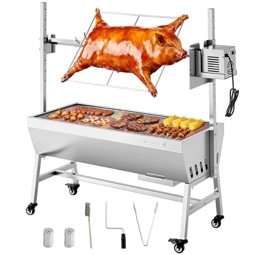VEVOR Drehspießgrill 38 W Spanferkelgrill Lammgrill Holzkohlegrill (94 cm Grilllänge) mit 60 kg Tragkraft & Rädern & 7-facher Höhenverstellung, Edelstahl-Elektrogrill-Set für Camping Outdoor