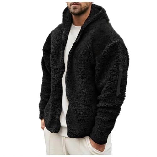 Guhmomh Teddy Fleecejacke Herren Winter Kapuzenjacke Warm Hoodie Jacke Sweatjacke mit Kapuze Einfarbige Sherpa Jacke Outdoor Fleecejacken für Männer Strickjacke Winterjacke Sportjacke Schwarz XL