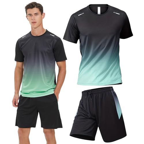 BOOMCOOL Fitnesscenter-Kleidung Trainingsshorts und Langarm-Shirts für Herren, Laufkleidung, schnell trocknend, Sport-Outfit-Sets, 6er-Pack, Grün , X-Large