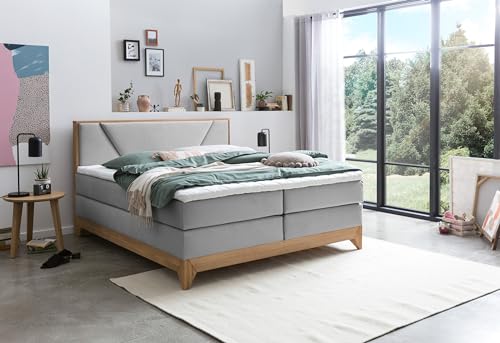 Belanoti Riviera Boxspringbett 180x200 Eiche 7-Zonen Taschenfederkern Matratze inkl Visco Topper Bett 180x200 in der Farbe Hellgrau H2/H3 Polsterbett Hotelbett mit Massivholz Eiche Massivholzbett