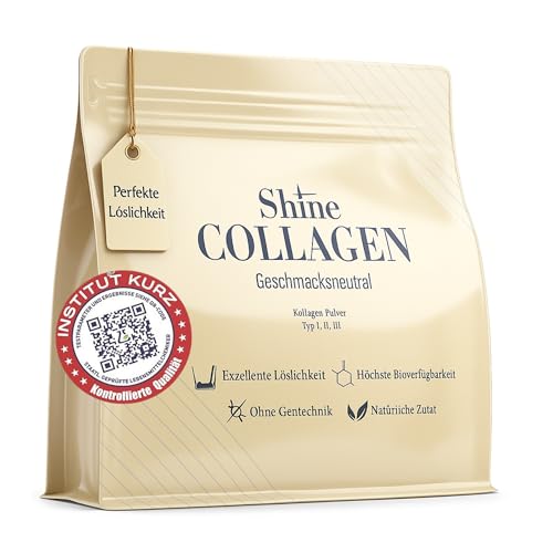 Shine Collagen Pulver 500g - 100% Collagen Peptide, Premium Hydrolysat Typ 1, 2 und 3, Halal, Perfekte Löslichkeit, Geschmacksneutral