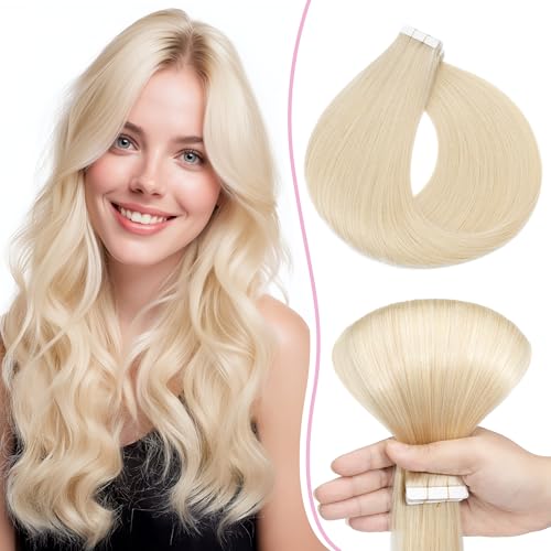 SEGO Pro 50cm Tape in Extensions Echthaar Haarverlängerung Naturhaarfarbe 10PCS 15g Invisible Skin Weft Haarteil, 60#Platinblond,Hair Extension69