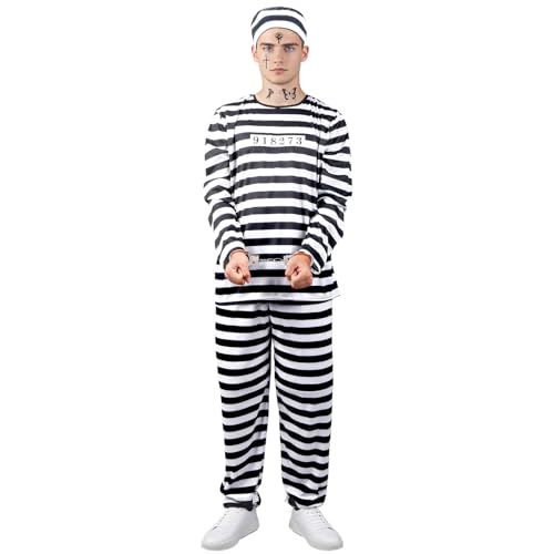 Halloween Sträfling Kostüm, Häftling Kostüm Herren Gefängnis Kostüm Weiß und Schwarz Prisoner Costume Verbrecherkostüm Gefangener Outfit Knast Kleidung Cosplay Outfit Karneval Party für Erwachsene