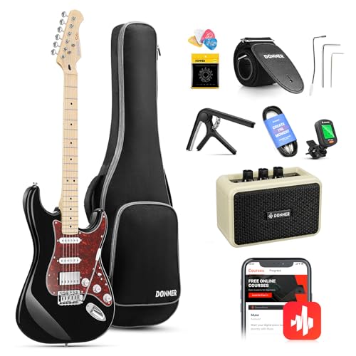 Donner E Gitarren Set, 39 Zoll E-Gitarre HSS Pickup Coil Split, DST-152B Electric Guitar mit Verstärker, Tasche, Kapodaster, Gurt, Saiten, Stimmgerät, Kabel, Plektren, Schwarz