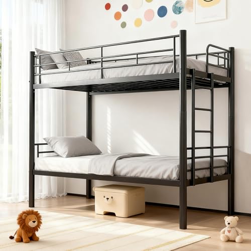 Askelierg Etagenbett 90x200, Stockbett Metall, Bunk Bed mit SchutzgeläNder und Zugangsleitern, Umbaubar in 2 Einzelbetten, Jugendbett Platzsparendes, für Jugendliche und Erwachsene (Schwarz)