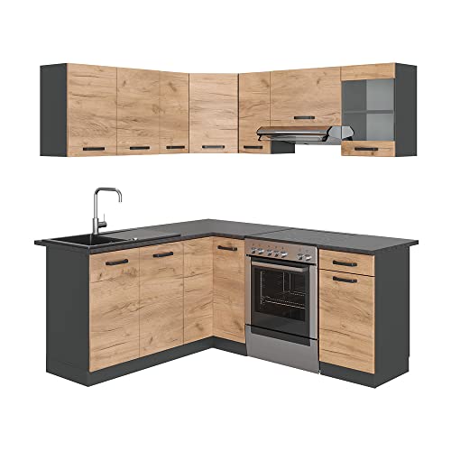 Vicco Eckküche Rick, Anthrazit/Goldkraft Eiche, 187 x 167 cm, AP Schwarz