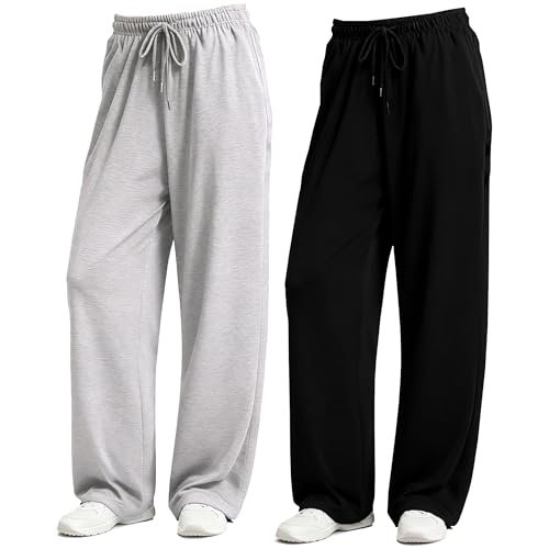 BGHTYYP Baggy Jogginghose Herren Sporthose Lang Männer Trainingshose Weites Bein Weites Bein Freizeithose mit Taschen Elastische Taille Bequem Sweatpants Sport Laufen Joggen Black and Grey-M