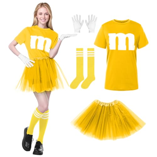 Alaiyaky M und M Kostüm Damen, M Aufdruck Tshirt Faschingskostüme Damen Lustig GruppenKostüm M T Shirt mit Tutu Handschuhe Streifensocken, Karneval Kostüm MM Outfits für Faschings (Gelb, S)