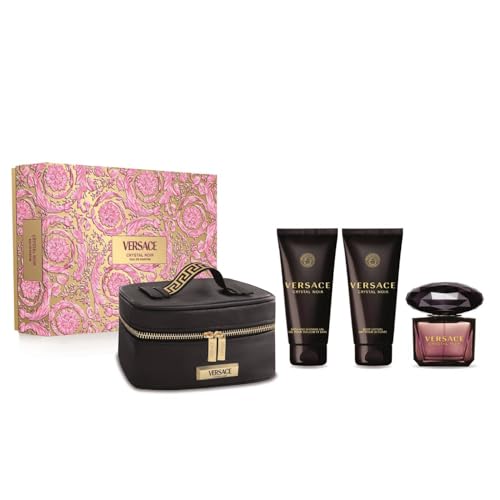 Versace Crystal Noir by Versace for Women – 4 Stück Geschenkset 3 oz EDP Spray, 3,4 oz Body Lotion, 3,4 oz Duschgel, Beautycase