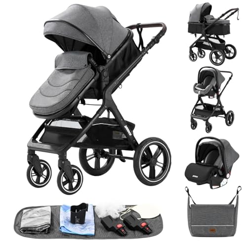 GLOKID Kinderwagen 3 in 1,Reisesysteme, Babywanne Buggy,Voll-Gummireifen,Mit Einem Klick Zusammenklappbarer, Rain cover Mosquito net, Mummy Bag