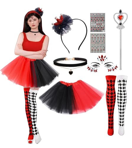 ChouGlow Karneval Kostüm Damen,Herzkönigin Kostüm,Rotes Herz Königin Kostüm Set mit Kleid, Krone, Gesicht Edelsteine und Socken für Karneval,Fasching,Mottoparty.