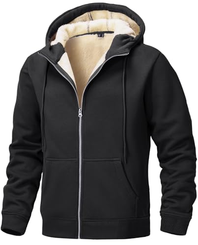 Tansozer Fleecejacke Herren mit Kapuze Reissverschluss Hoody Winter Warm Gefüttert Sweatjacke Baumwolle Jacke Basic Einfarbig, Schwarz, L