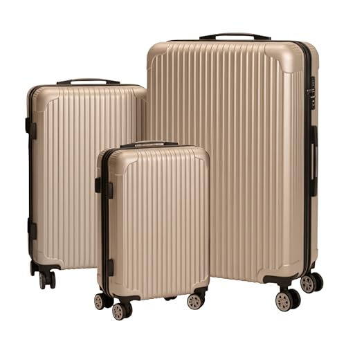 Relaxdays Kofferset, 3-teilig, 4 Rollen, Hartschale, 3 Größen, Teleskopgriff, Zahlenschloss, Reisekoffer, Champagner