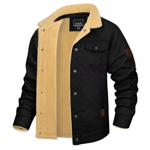 KEFITEVD Sherpa Gefütterte Jacke für Männer Winter Mantel Trucker Jacken für Männer Reverskragen Casual Windbreaker Militär Cargo Jacke Schwarz