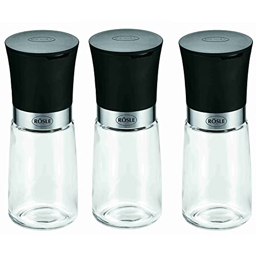 RÖSLE Gewürzmühlen-Set 3-tlg, Hochwertige Salz- und Pfeffermühlen mit Keramikmahlwerk für alle Arten von Gewürzen, Glasbehälter, 14 cm, Transparent / Schwarz
