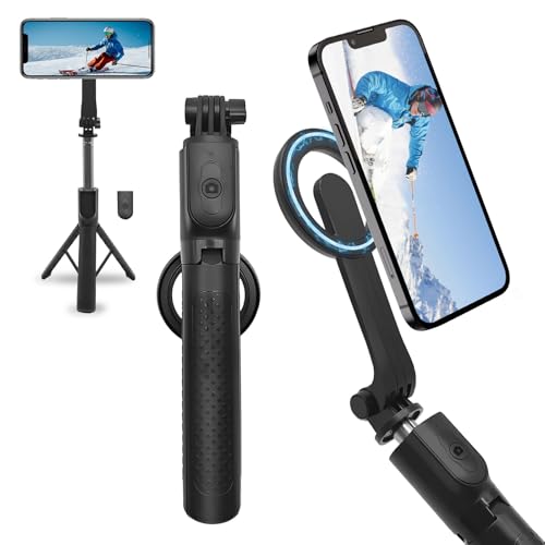 Magnetisches Selfie Stick Stativ, mit ferngesteuertem ausziehbarem Smartphone Stativ, kompatibel mit iOS, Android und Huawei, mit Zwei Magnetringen