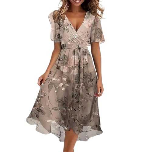Nuaoxyeu Sommerkleid Damen Leicht Und Luftig Midi Chiffon Strandkleid Damen 2025 Boho Lange Kleid Mit Gürtel Elegant V-Ausschnitt Sommerkleid Sommer Maxi Dress Blumenkleid Abendkleid Blitzangebote