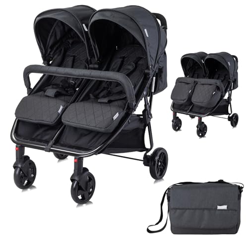 Lorelli Zwillingskinderwagen Duo, Zwillingsbuggy klein faltbar für 2 Kinder, sehr leicht, Zwillingswagen nebeneinander, Geschwister Kinderwagen kompakt zusammenklappbar, schwarz