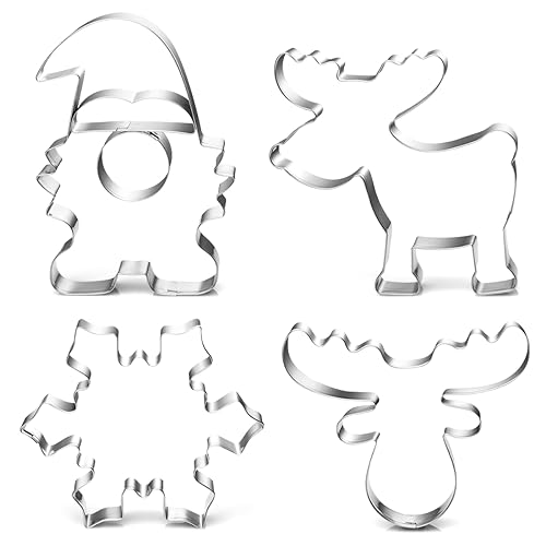 Ausstechformen Weihnachten Ausstecher Wichtel, 4PCS Keksausstecher Weihnachten aus Edelstahl, Plätzchenausstecher Wichtel, Elchkopf, Elch, Schneeflocke Ausstecher für Torten Fondant Kekse Backen