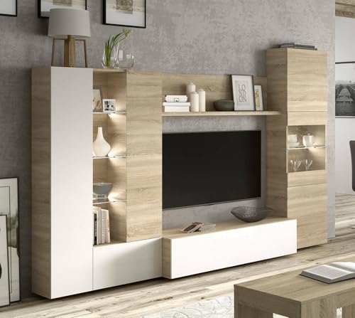 Habitdesign, Moderne Wohnwand 260 cm breit, TV-Möbel in kanadischer Eiche und Weiß Hochglanz, kompaktes Wohnzimmer-Set mit viel Stauraum, Maße: 260 x 185 x 42 cm (B x H x T), Modell Essential