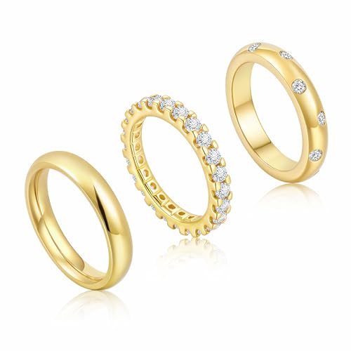 3 Stück Ringe Damen mit Zirkonia, 14K Vergoldet Ring Set aus Edelstahl Kupfer für Frauen Freundin Mama, Fingerring Schmuck Stapelbar Wasserfest Ringe für Geburtstag Jahrestag Muttertag (Stil A, 07)