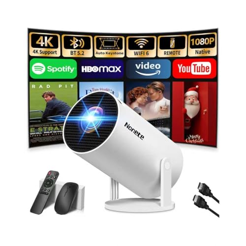 Beamer 4K Projektor Full HD 1080P【2026 Modell】 Mini Beamer mit WiFi 6 und Bluetooth 5.2, Android Tragbarer Projector 270° Dreh mit Auto Keystone für PC/HDMI/USB,mit Maus und Fernbedienung, Weiß