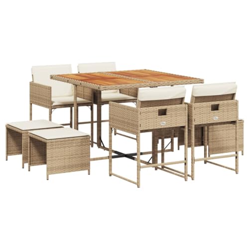 vidaXL Garten Essgruppe 9-TLG., Gartenm?Bel Set Tisch mit 4 Stühle 4 Hocker, Gartengarnitur mit Kissen, Sitzgruppe Essgarnitur Terrasse, Beige Poly Rattan