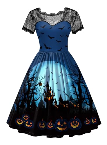 For G and PL Kleid Halloween Damen Party Schwarz Spitzenkrägen Tief Rückenausschnitt Elegant Knielang Vintage Cocktailkleid Blau M