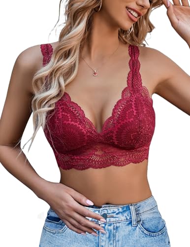 Avidlove Spitze Damen BH Sexy Everyday Bra Ohne Bügel BHS V-Ausschnitt Atmungsaktiv Bralette Vollschalen Minimizer Bras Lace BH-Unterwäsche,RotXL
