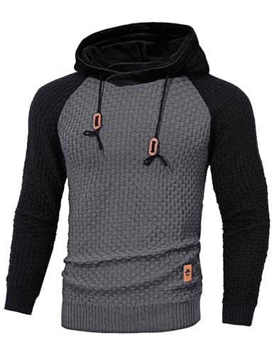 TARAINYA Pullover Herren Pulli Strickpullover Männer Winterpullove Langarm Warm Sweater mit Kapuze Dunkelgrau Schwarz XL