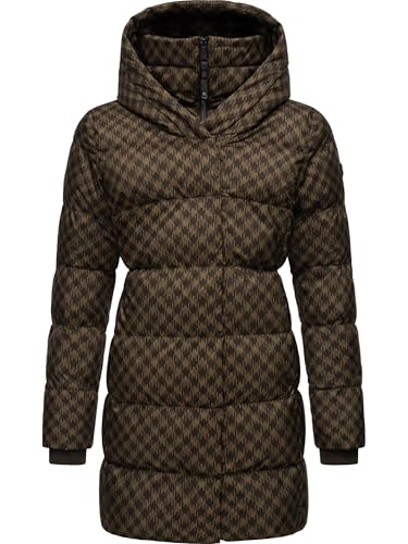 Ragwear Damen Langer Wintermantel mit Kapuze Warmer Steppmantel mit angesagtem Hahnentritt Muster wasserdicht und atmungsaktiv Niara Print YOUMODO Brown Gr. M