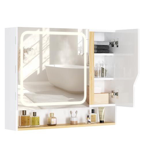 FORABAMB Spiegelschrank Bad mit LED Beleuchtung 80 cm Breit, Badezimmer Spiegelschrank mit HD Spiegel & Verstellbarem Regal, Badezimmerschrank, Badschrank, Berührung Sensorschalter, 80x16x65 cm, Weiß