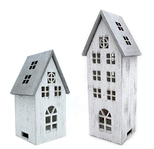 DARO DEKO Holz LED Haus weiß Silber 2er Set - klein und groß