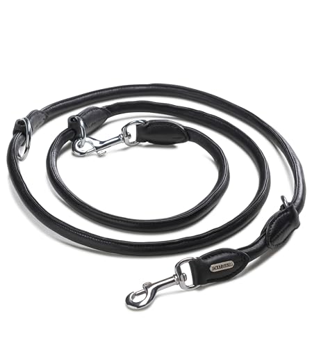 Jack & Russell Premium Leder Hundeleine 2,0m mit Edelstahl Karabiner - Hunde Lederleine mehrfach verstellbar – Rund-Leine, Führleine Davy (Schwarz)
