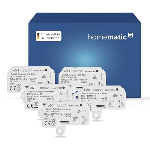 Homematic IP Schalt-Mess-Aktor – Unterputz, Packung mit 5, Smart Home, Aktor misst Strom, steuert Geräte und Leuchten per App, Alexa & Google Home, Energie sparen, 142721A0